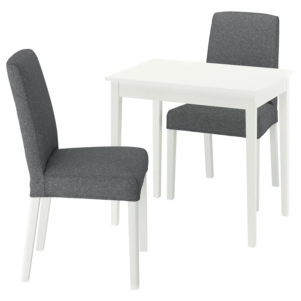 Image displays a compact dining set with white table and grey upholstered chairs. Modern and minimalistic design, ideal for small spaces.