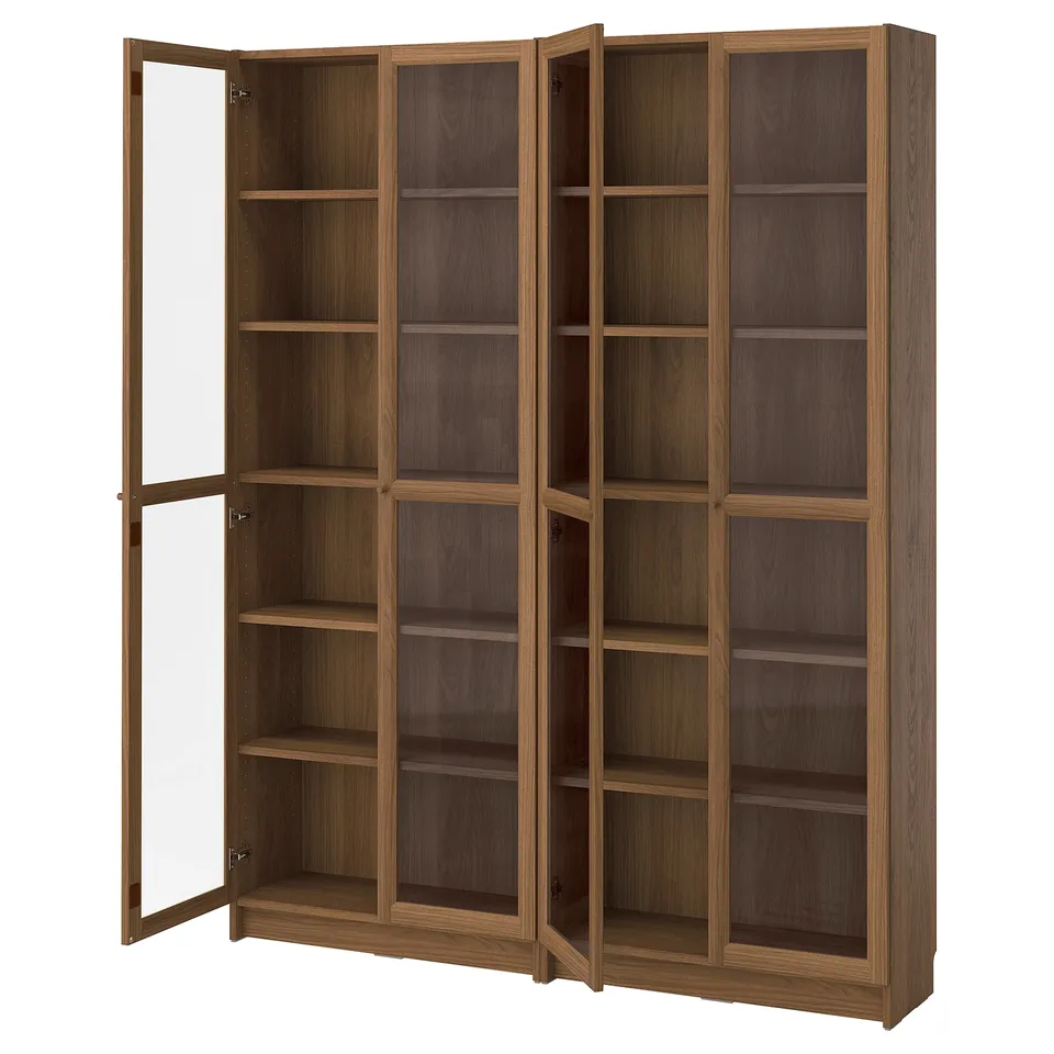 Large wooden BILLY bookcase with glass doors, brown colour, adjustable shelves, modern design.