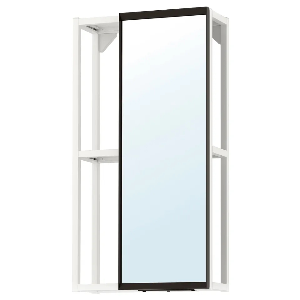 ENHET white hanging mirror with storage. Rectangular frame, clear glass, side sliding. Mounted on wall for bathroom use.