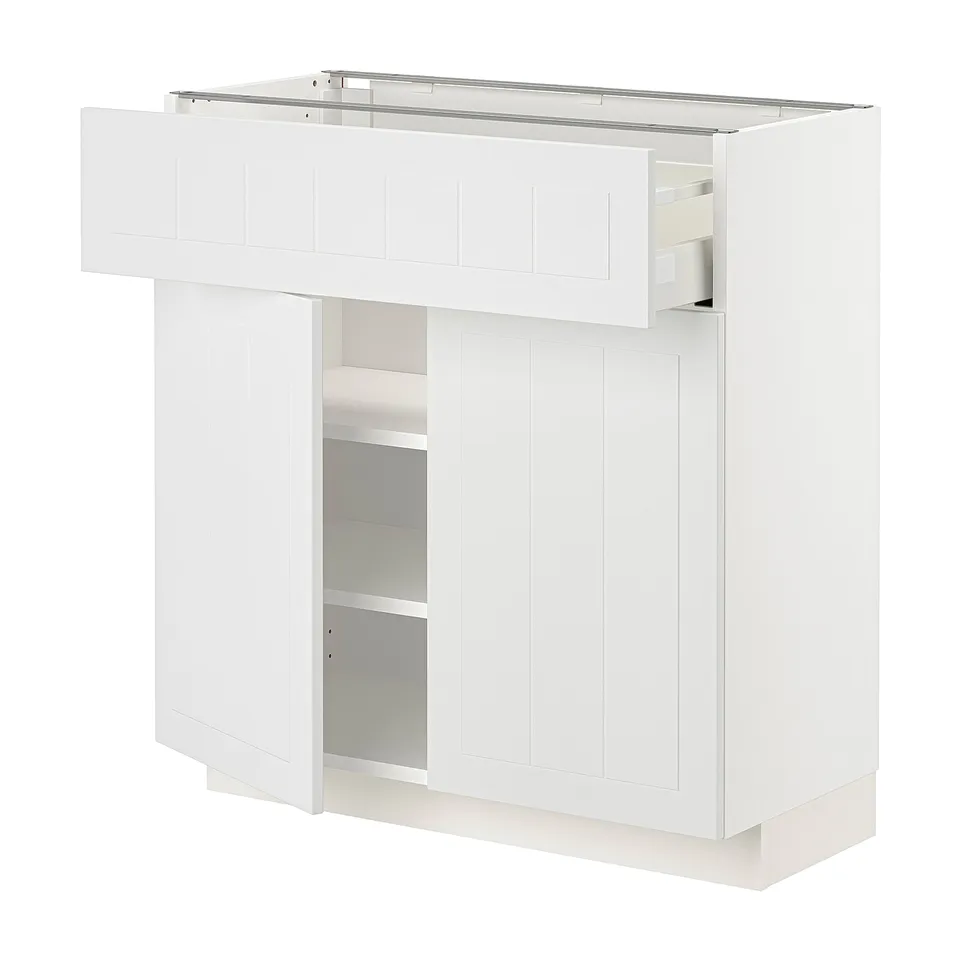 White METOD kitchen unit, three sections - open shelf, drawer, cabinet, shaker-style doors, tough materials.