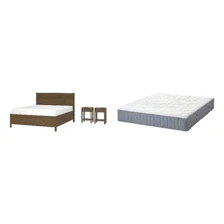 TONSTAD/VÅGSTRANDA Bed with 28cm thick mattress, pocket sprung, foam,7 comfort zones, super firm, incl bed storage/brown stained oak veneer + super firm/light blue, 160x200 cm