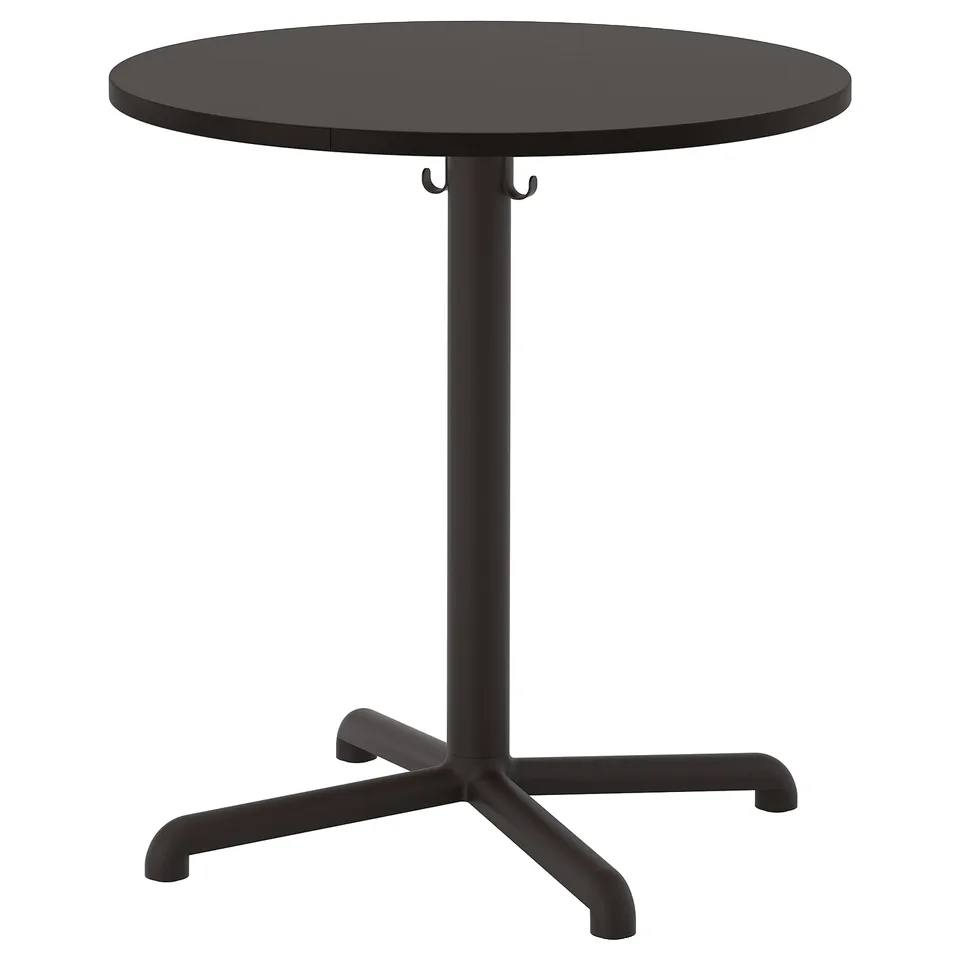 STENSELE black round café table, sleek design with metal legs, two hooks underneath, scratch-resistant.