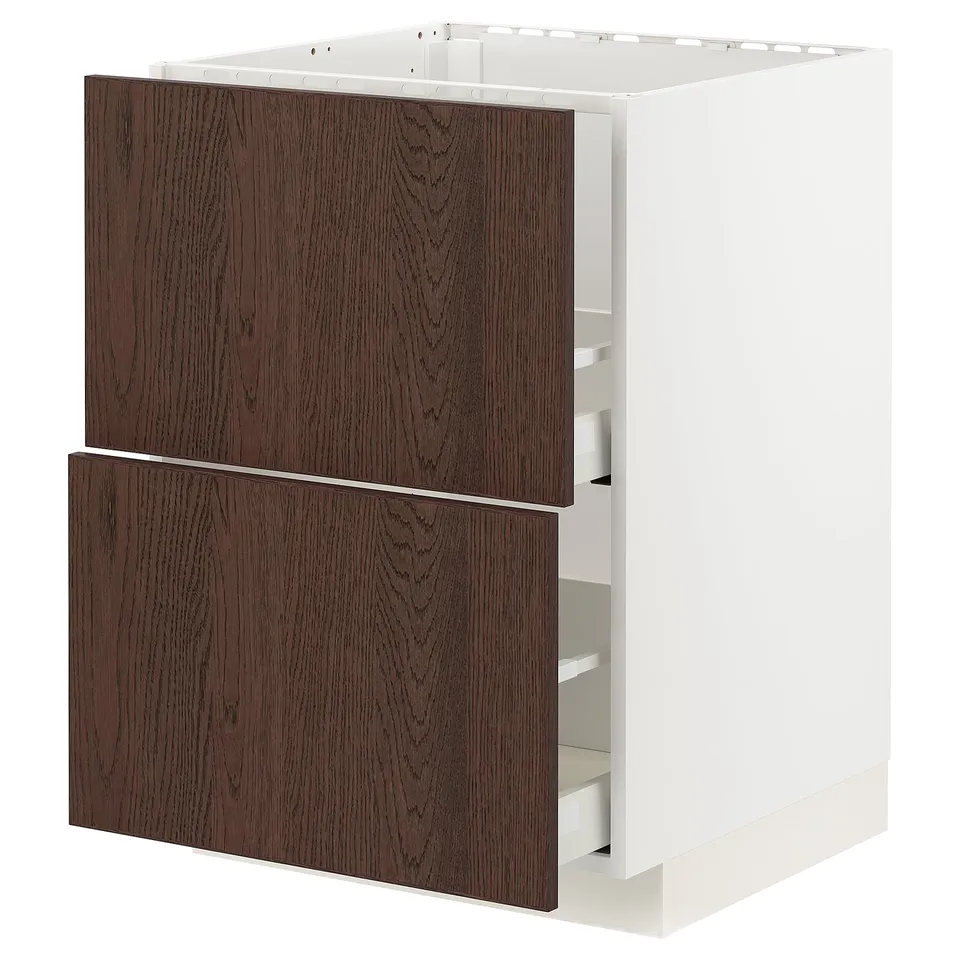 Modern kitchen unit, white and dark brown, square shape, wooden drawers.