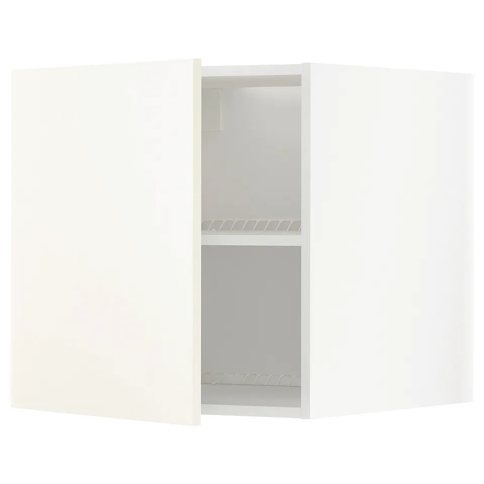 A white METOD kitchen cabinet with an adjustable shelf and a cover door.