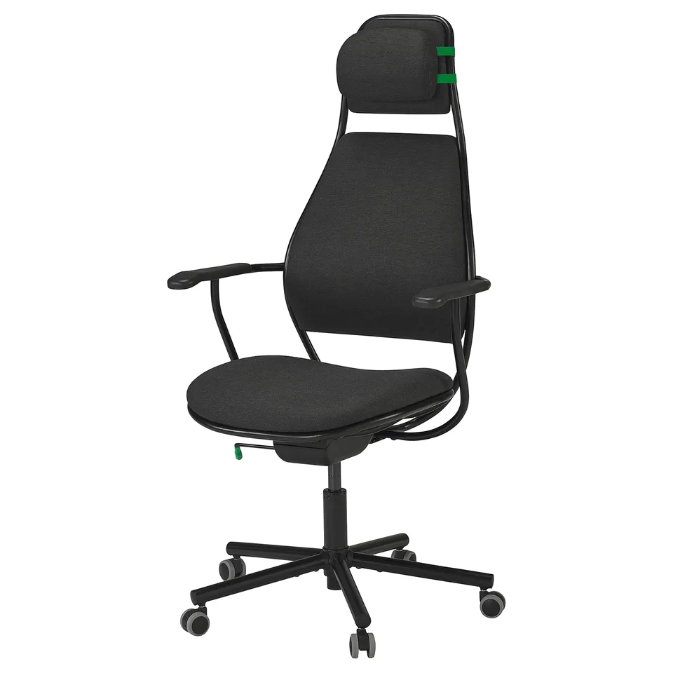 Black LÖPARBANA gaming chair. High back with headrest, adjustable height, and tilt lock. Durable steel frame, caster wheels, grey fabric cover.