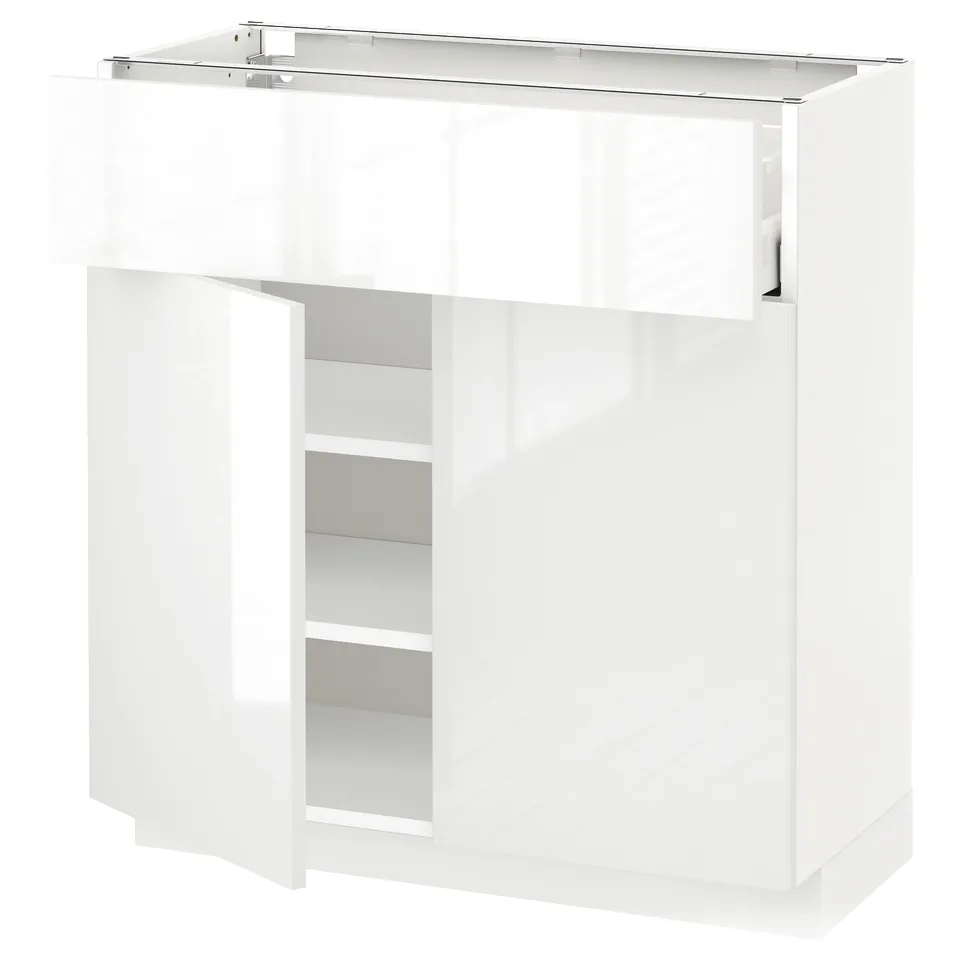 Modern white high-gloss kitchen cabinet with glass shelf.