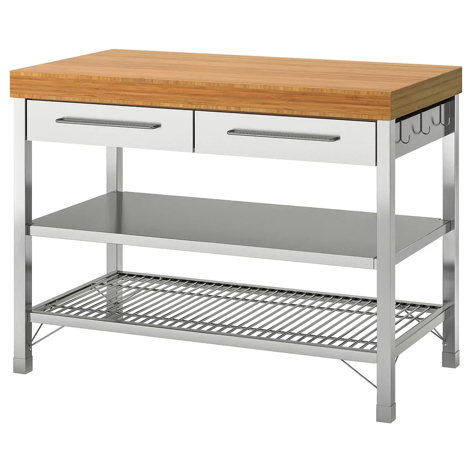 Ikea RIMFORSA bamboo top kitchen island, steel frame, two drawers, shelf, hooks.