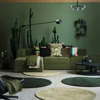 FRÖTORP/JÄTTEBO set: 3,5-seat mod sofa w chaise longues + coffee table, Samsala dark yellow-green + anthracite marble effect/black glass, Width 324 x Depth 160 x Height 71 cm