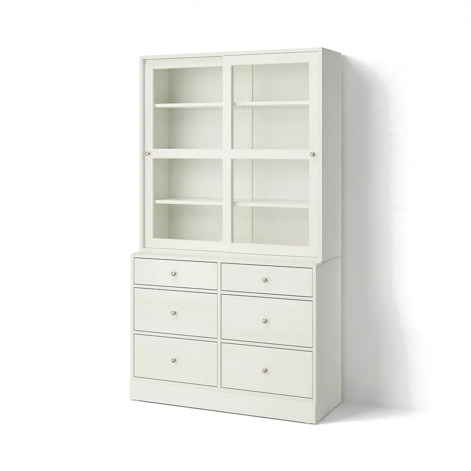 HAVSTA: white, pine & glass cabinet. Six drawers, upper glass doors, rustic & functional.