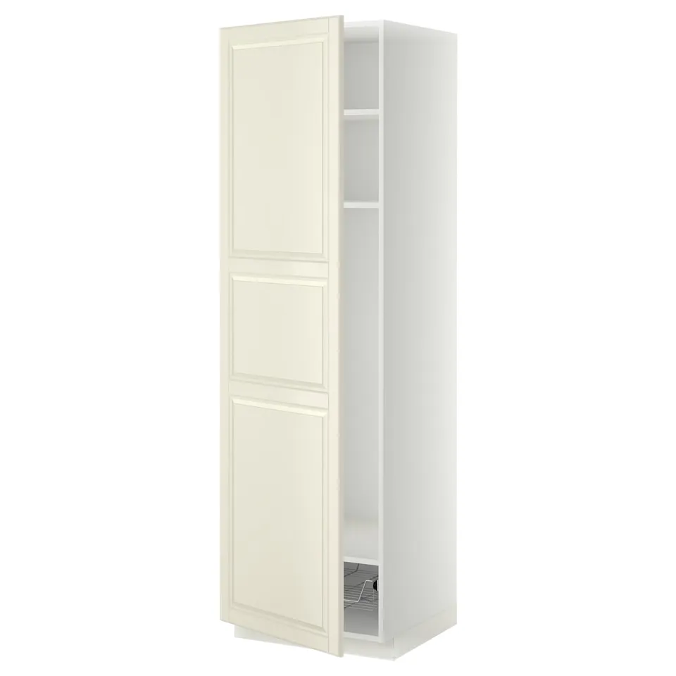 An off-white, tall storage cabinet from the METOD kitchen system, featuring a frame construction with adjustable shelves and bevelled panel doors.