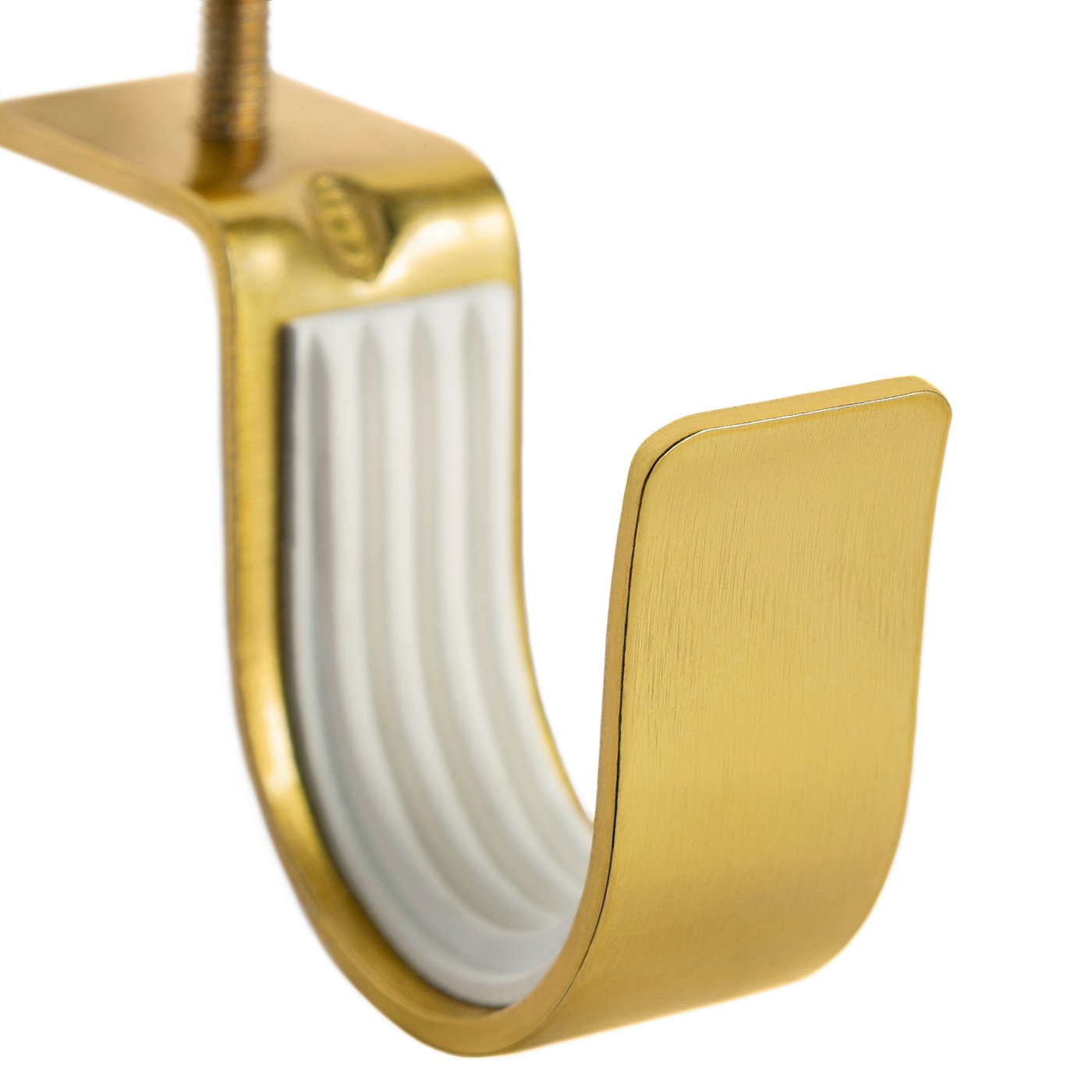Golden curtain rod hook with anti-slip lining, securely mounted, high-quality finish.