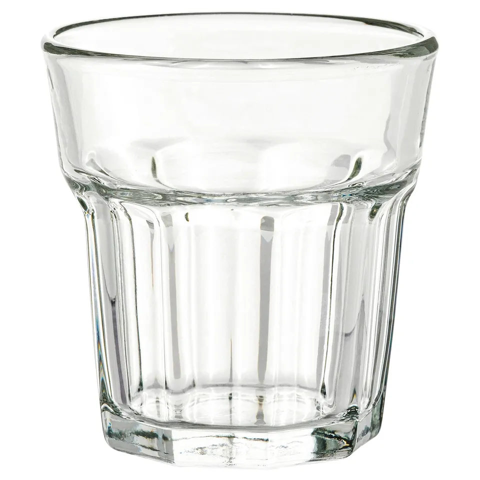 Clear tempered glass espresso shot glass, square base, ribbed design.
