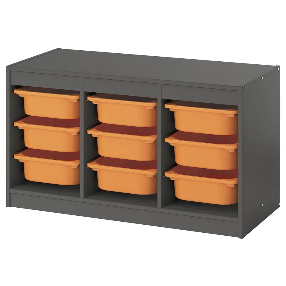 TROFAST storage unit in grey with nine orange/brown plastic bins.