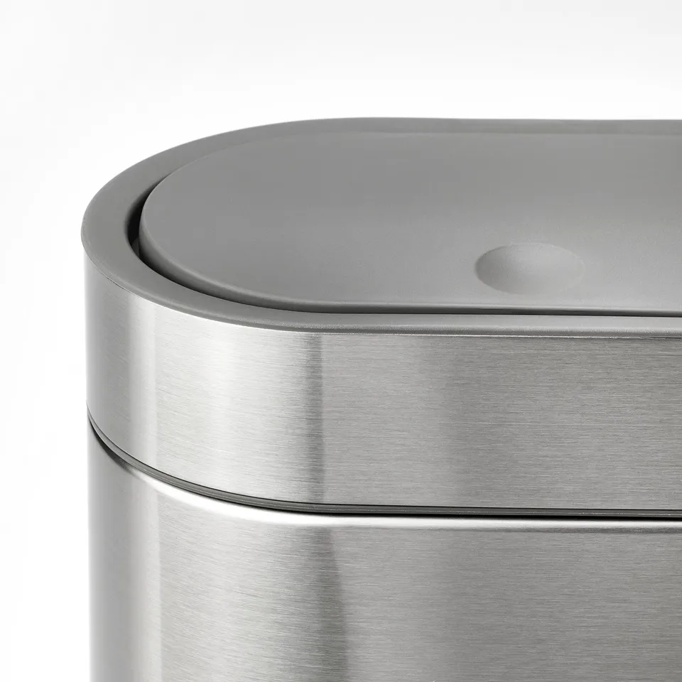 Stainless steel bin with sleek, fingerprint-proof lid. Modern and durable design.