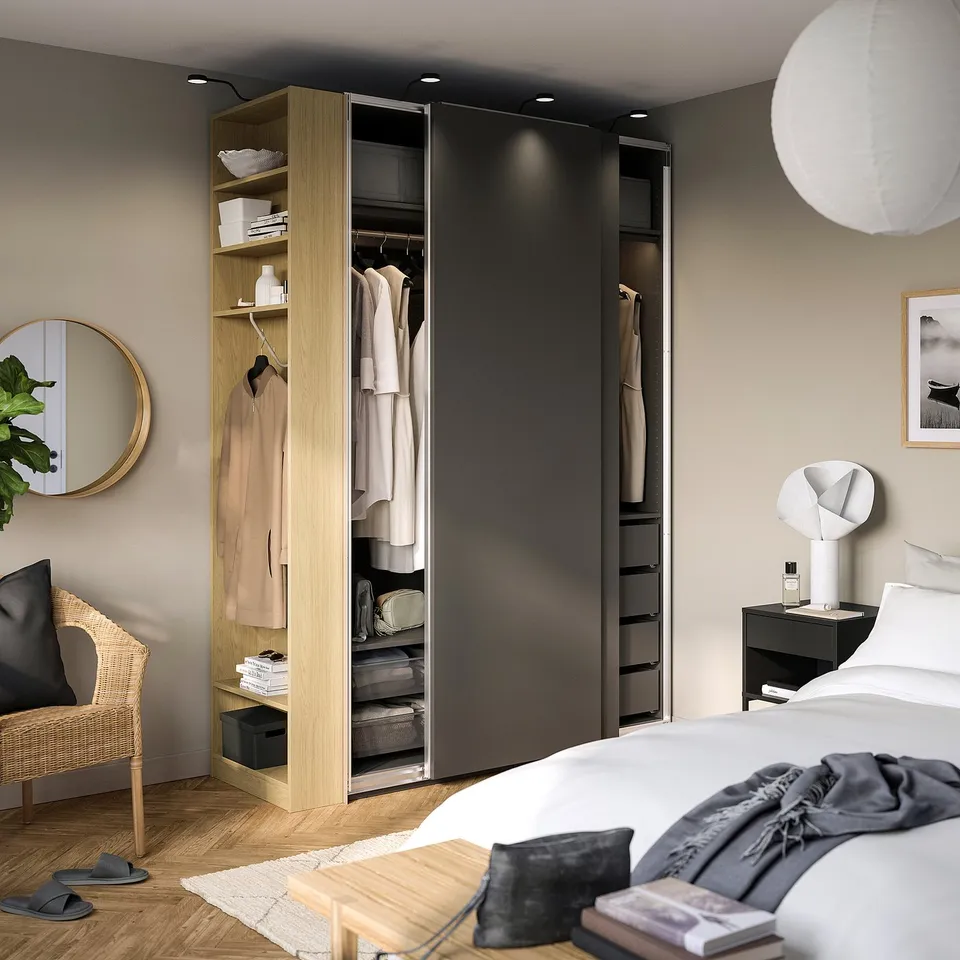 PAX / HASVIK Wardrobe combination, dark grey dark grey/oak effect, 170x66x236 cm