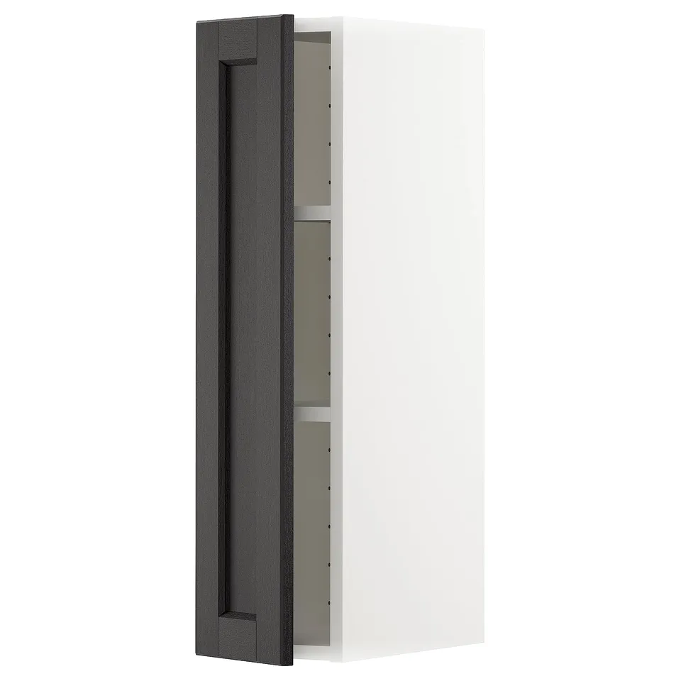 A tall, slim, white cabinet with one dark grey door open, revealing shelves inside. The modern design offers storage space.