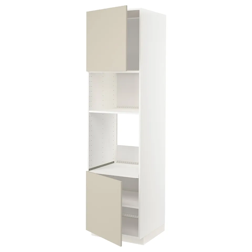 A white METOD kitchen cabinet with beige doors, featuring two adjustable shelves and a clean, modern design.
