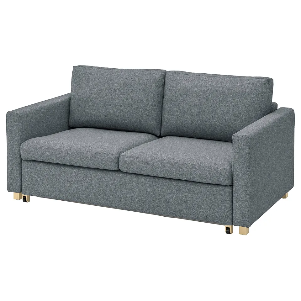Grey recycled fabric sofa with gold legs.