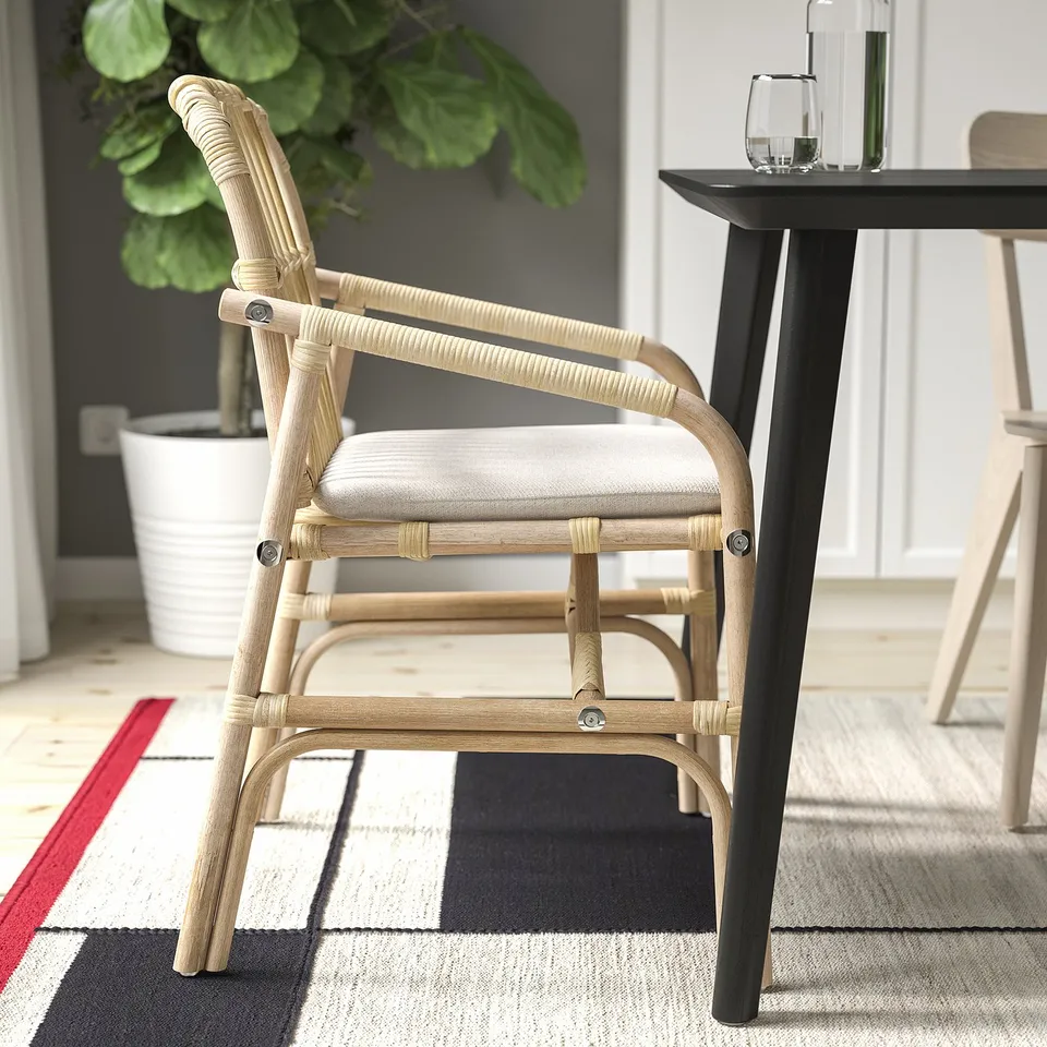Rattan chair with cushion, armrests, and legs. Positioned near table, plant, and rug.