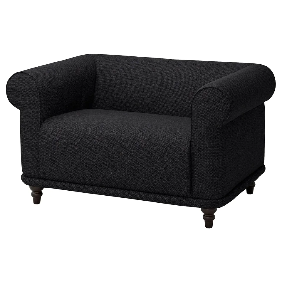 VISKAFORS: black fabric, rolled arms, deep seat, classic.
