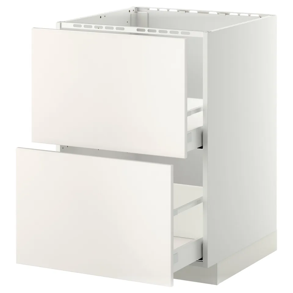 A white METOD kitchen cabinet with smooth, modern design and two drawers.