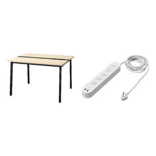 KOPPLA/MITTZON set: conference table + 4-way socket with 2 USB ports, birch veneer/black + white, 120x108x75 cm