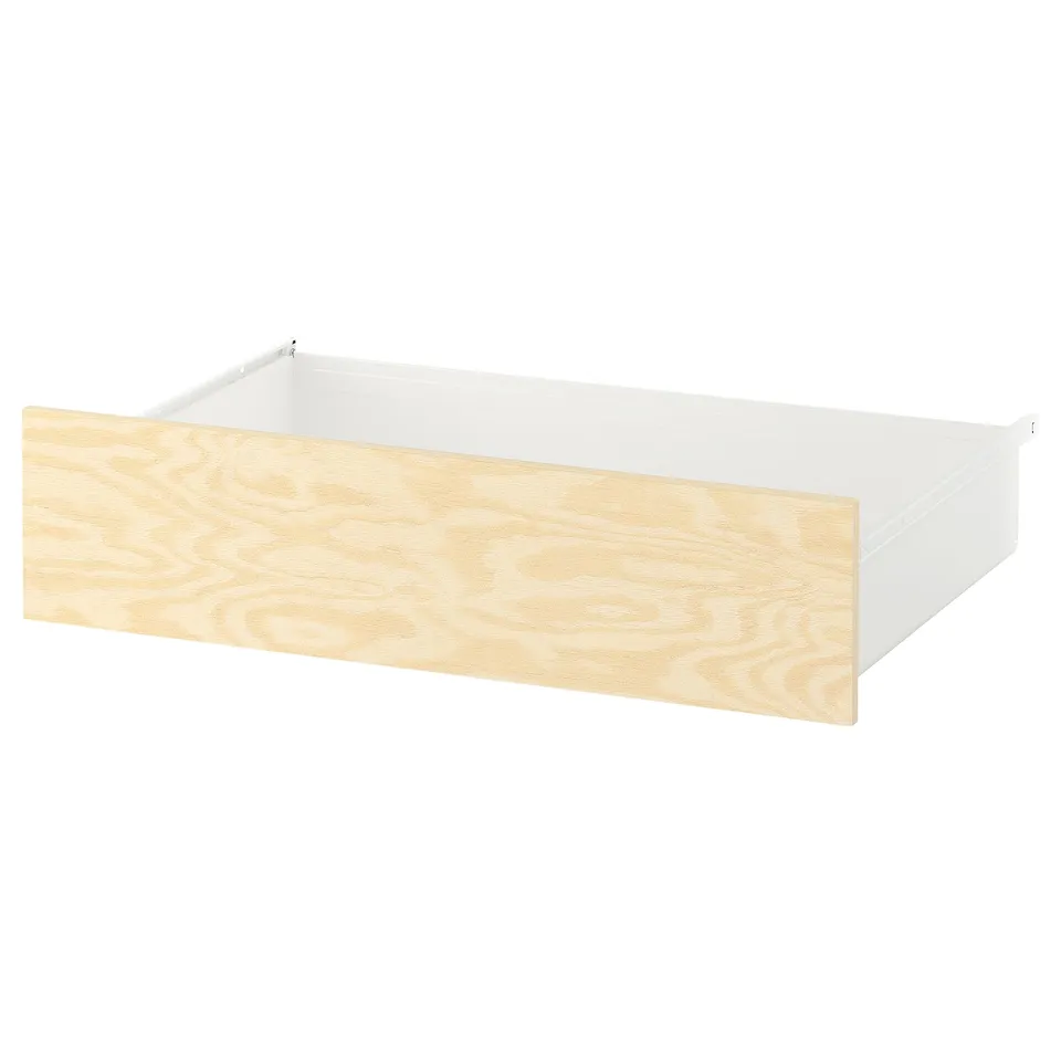 White & wooden drawer, modern design, steel base, pine finish.