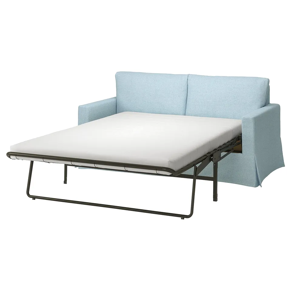 Light blue convertible sofa bed with soft, textured cover, clean minimalist design.