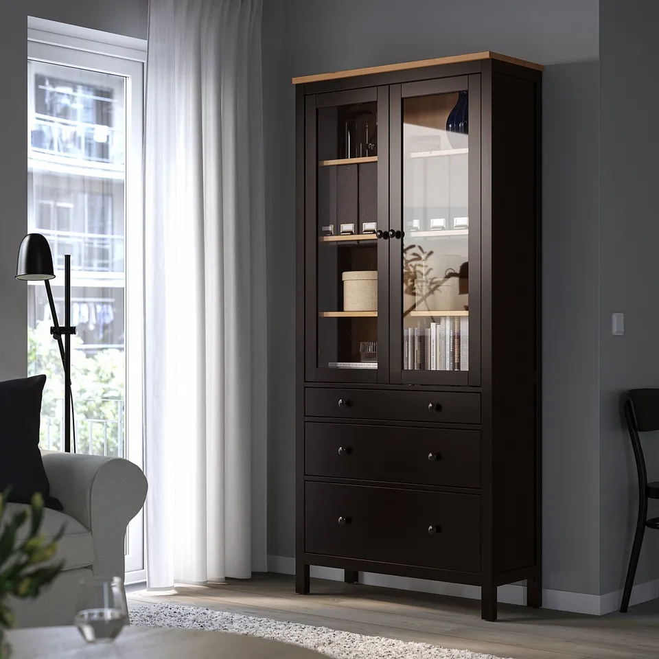 part: HEMNES glass-door cabinet with 3 drawers