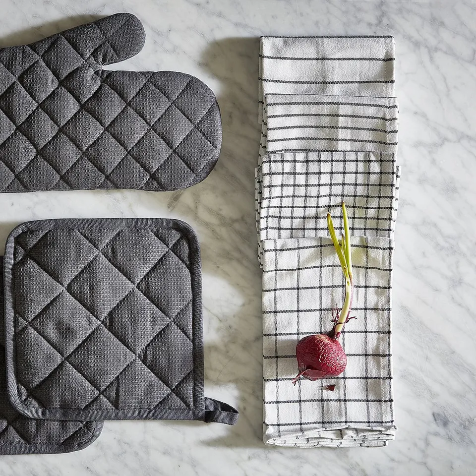 RINNIG Tea towel, white/dark grey/patterned, 45x60 cm
