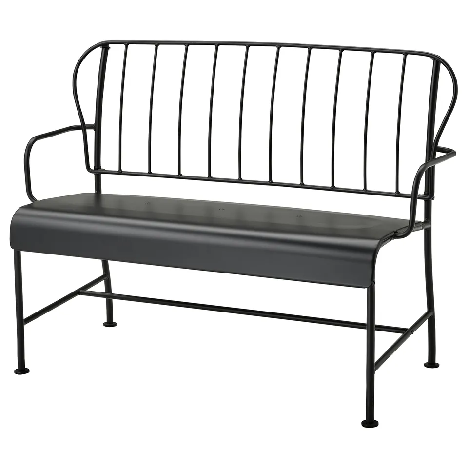 Black metal outdoor bench with curved back and armrests, minimalist modern design.