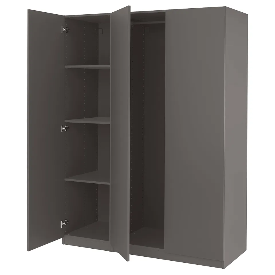 A grey PAX wardrobe with open doors revealing shelves.