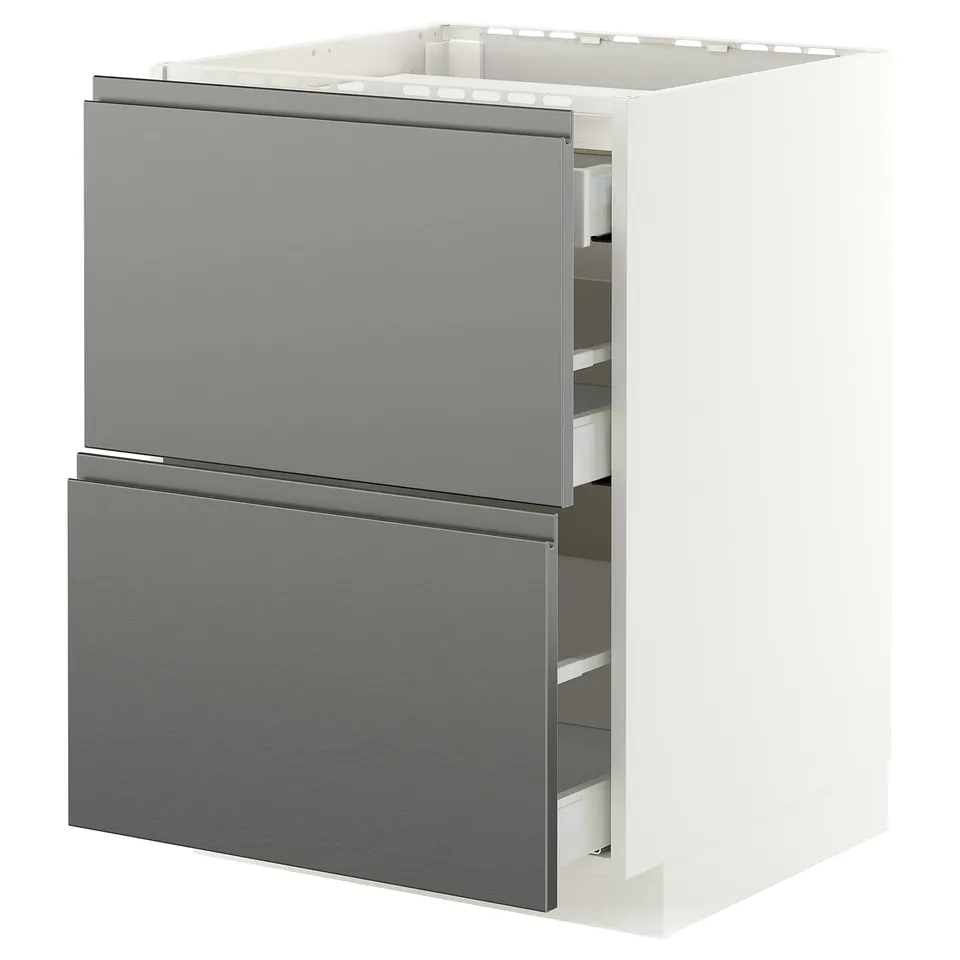 METOD / MAXIMERA Base cab f hob/2 fronts/3 drawers, white/Voxtorp stainless steel effect, 60x60 cm