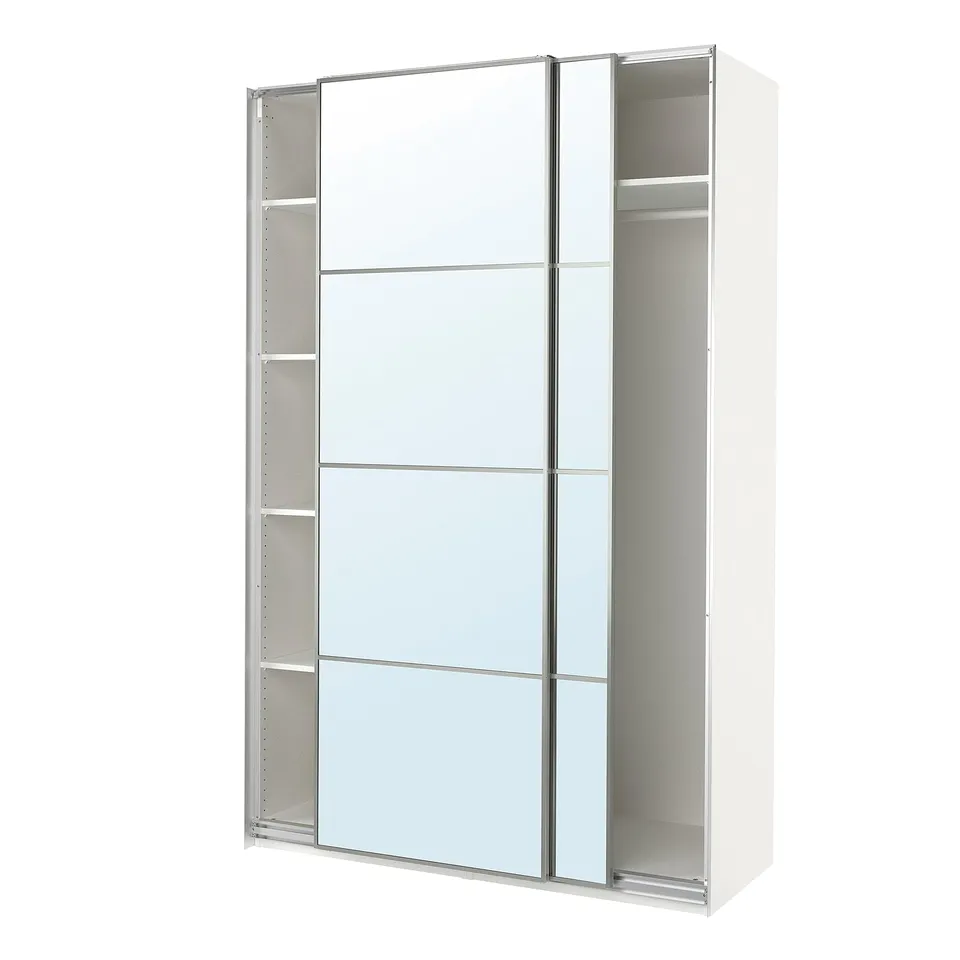 A white ikea PAX wardrobe with mirrored sliding doors and internal shelves.