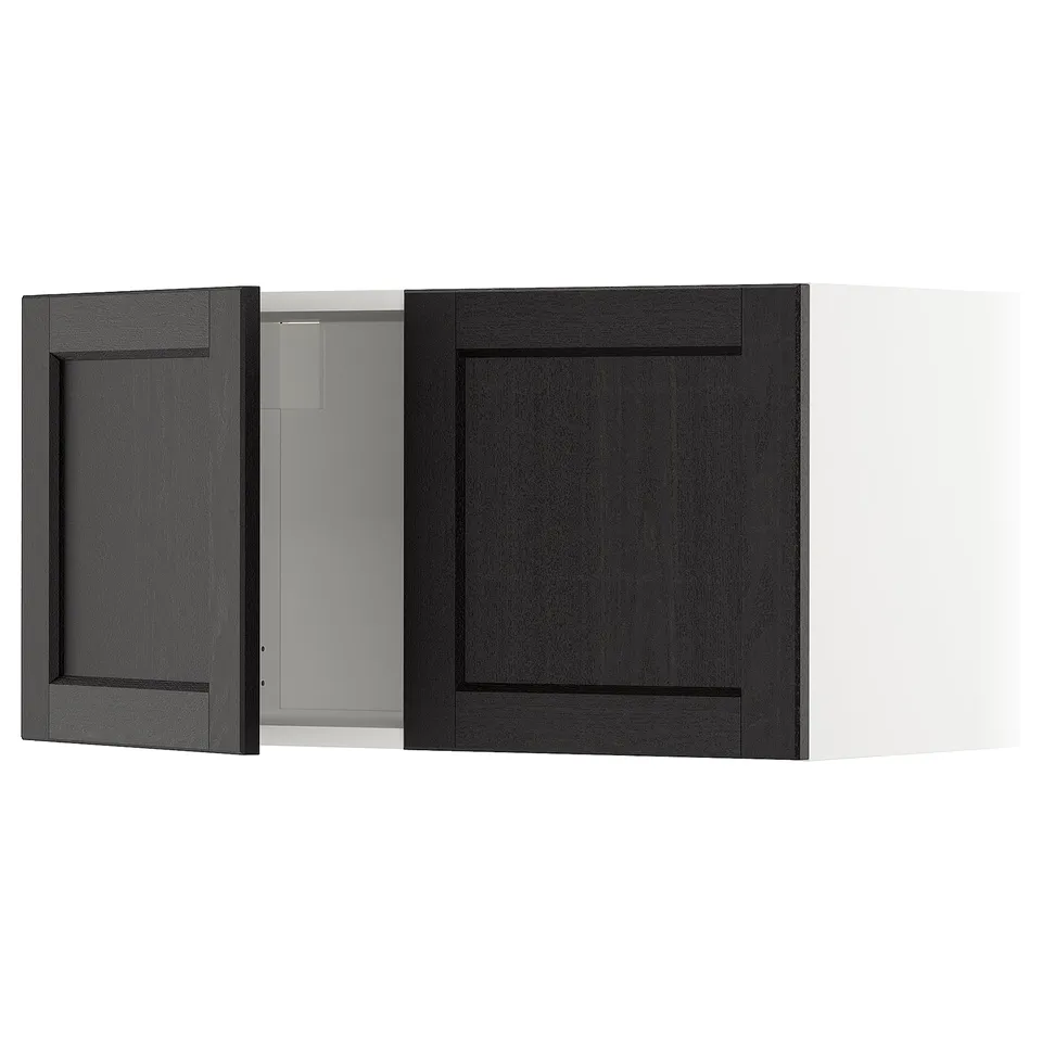 Black stained oak kitchen cabinets with bevelled doors.