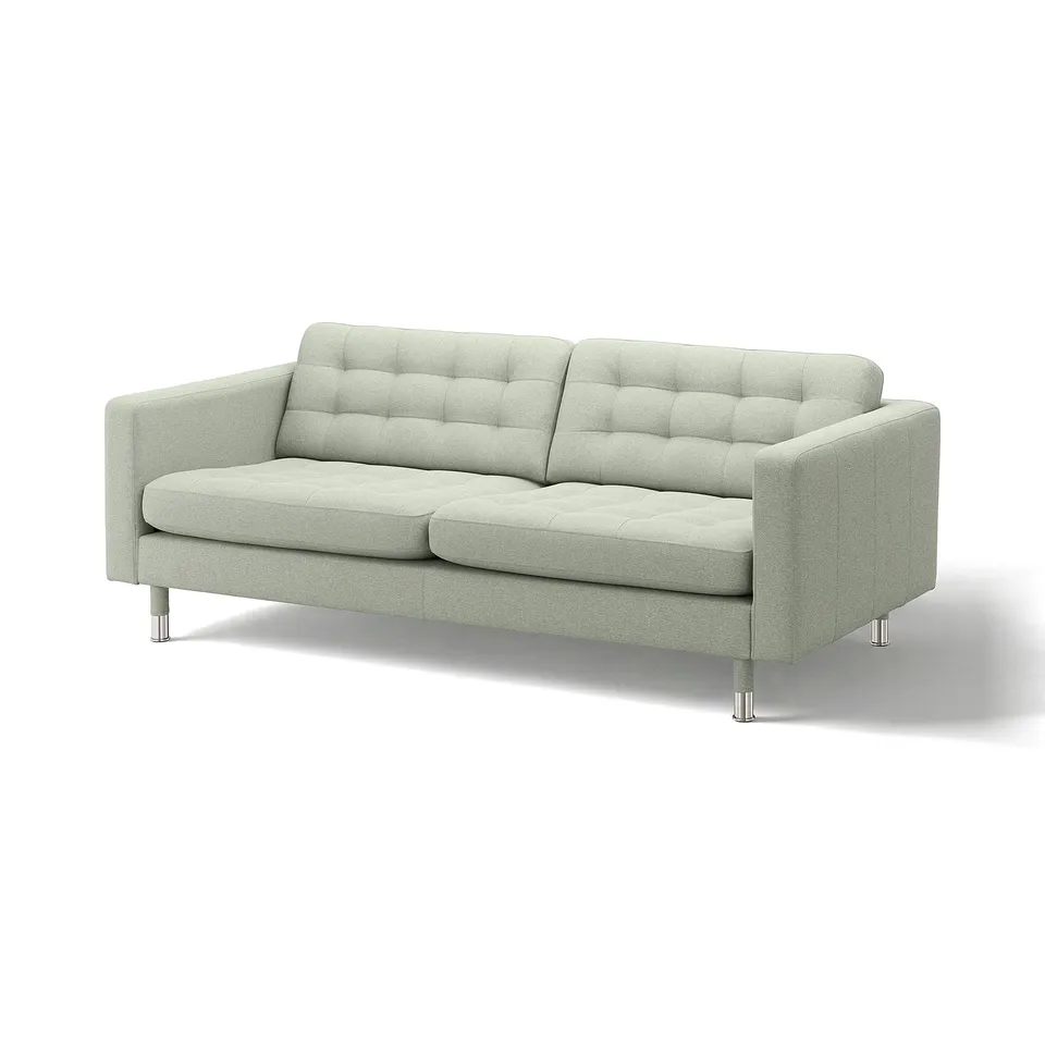 Modern light grey sofa with tufted back, sturdy metal legs, and clean lines.