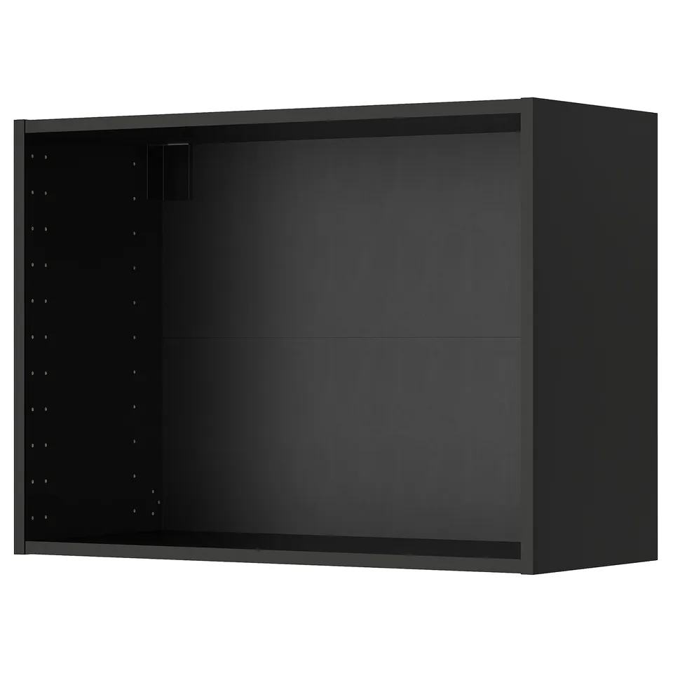 A black METOD wall cabinet from IKEA. Its rectangular with open space inside and pre-drilled shelf holes.