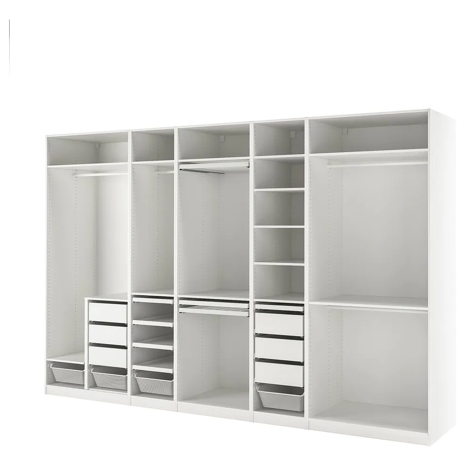 White PAX closet, enduring, sleek, organises efficiently, adjustable, includes shelves, drawers, and hanging space.