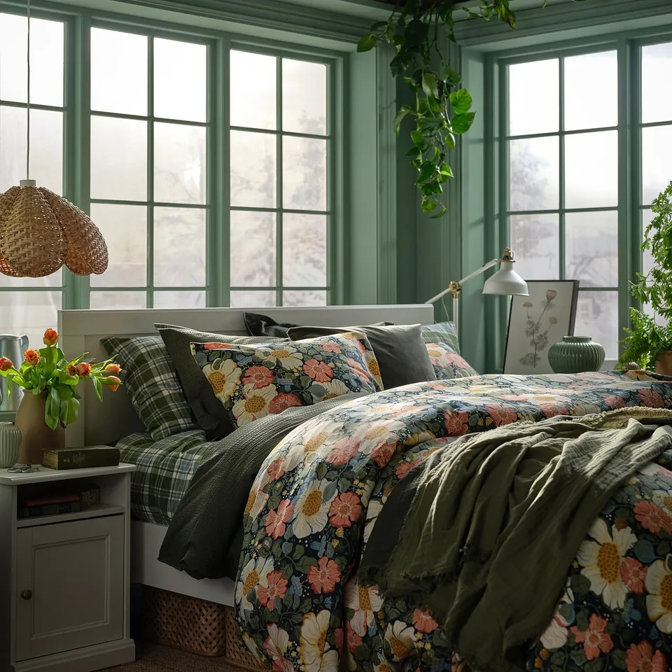 Cosy bedroom with large window, double bed, blue floral duvet, green plaid, dark pillows, grey bedside table, orange flowers, pendant lamp.