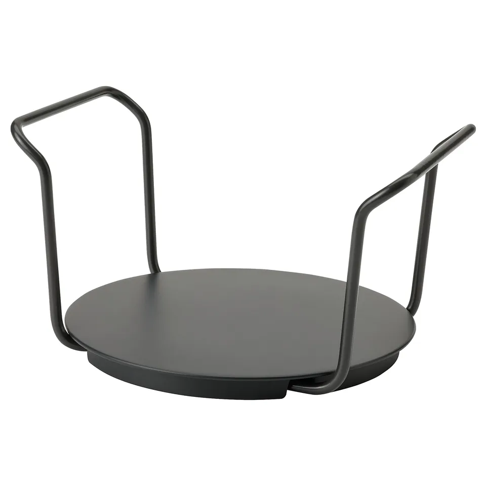 An updatera plate holder in black, featuring a round tray with handles for easy carrying.