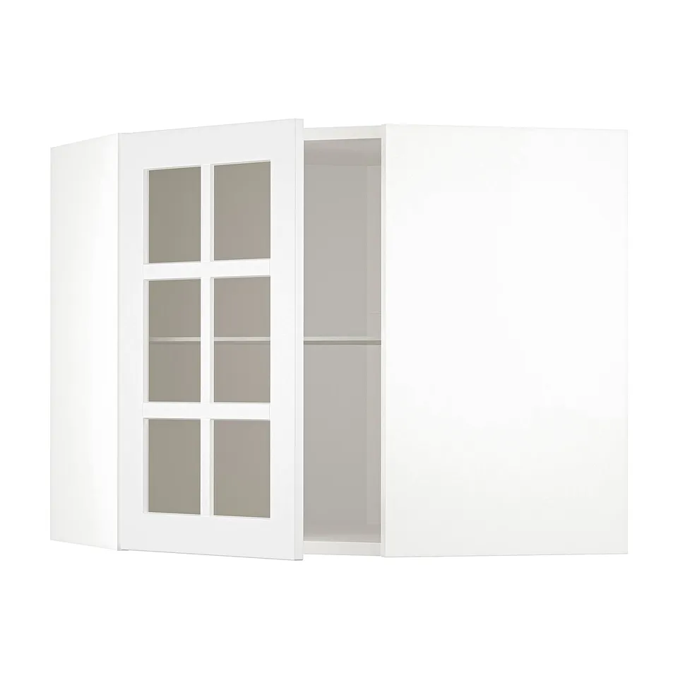 A white METOD kitchen cabinet with glass doors, featuring a square grid design; ideal for modern kitchens.