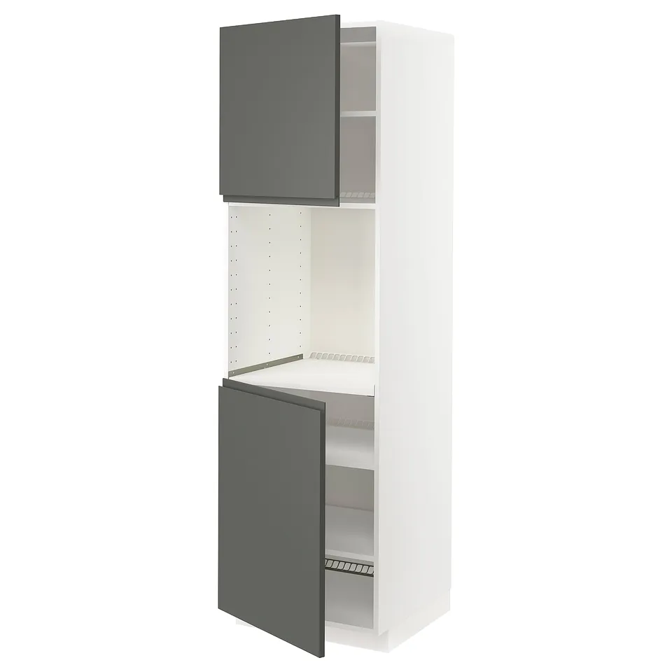 Modern white kitchen unit with grey doors, adjustable shelves, and integrated hinges.