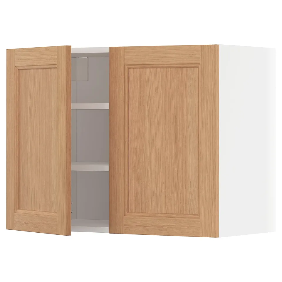 Ikea METOD oak wall cabinet, light wood, classic design, two doors, adjustable shelf.