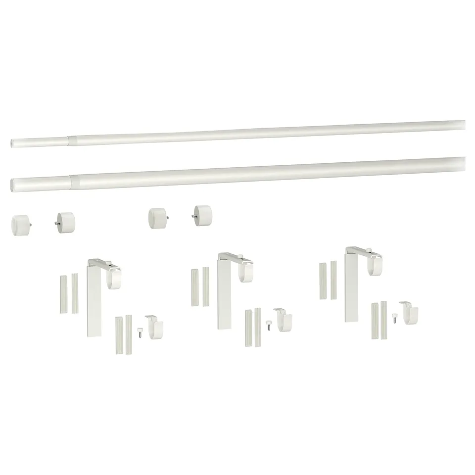 Image shows HUGAD white curtain rod kit with 2 extendable rods, 3 brackets, 3 holders, 4 finials. All in white.