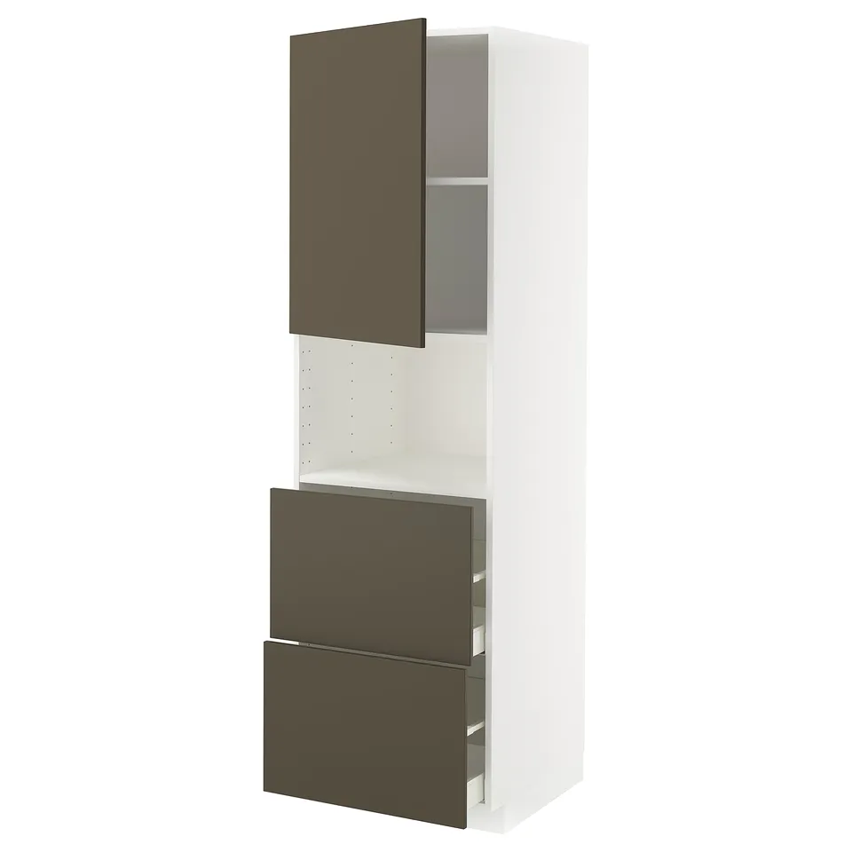METOD kitchen unit with dark brown/beige drawers and cabinet, vertical design.