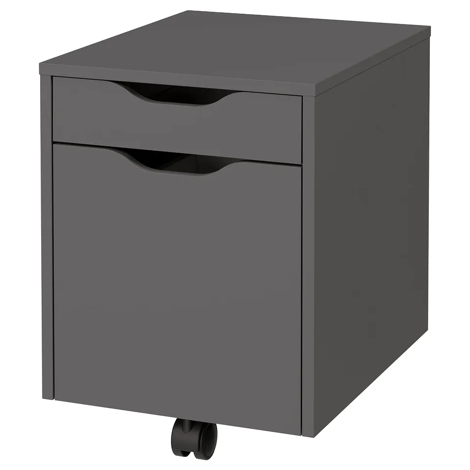 A dark grey ALEX file cabinet with two drawers on wheels.