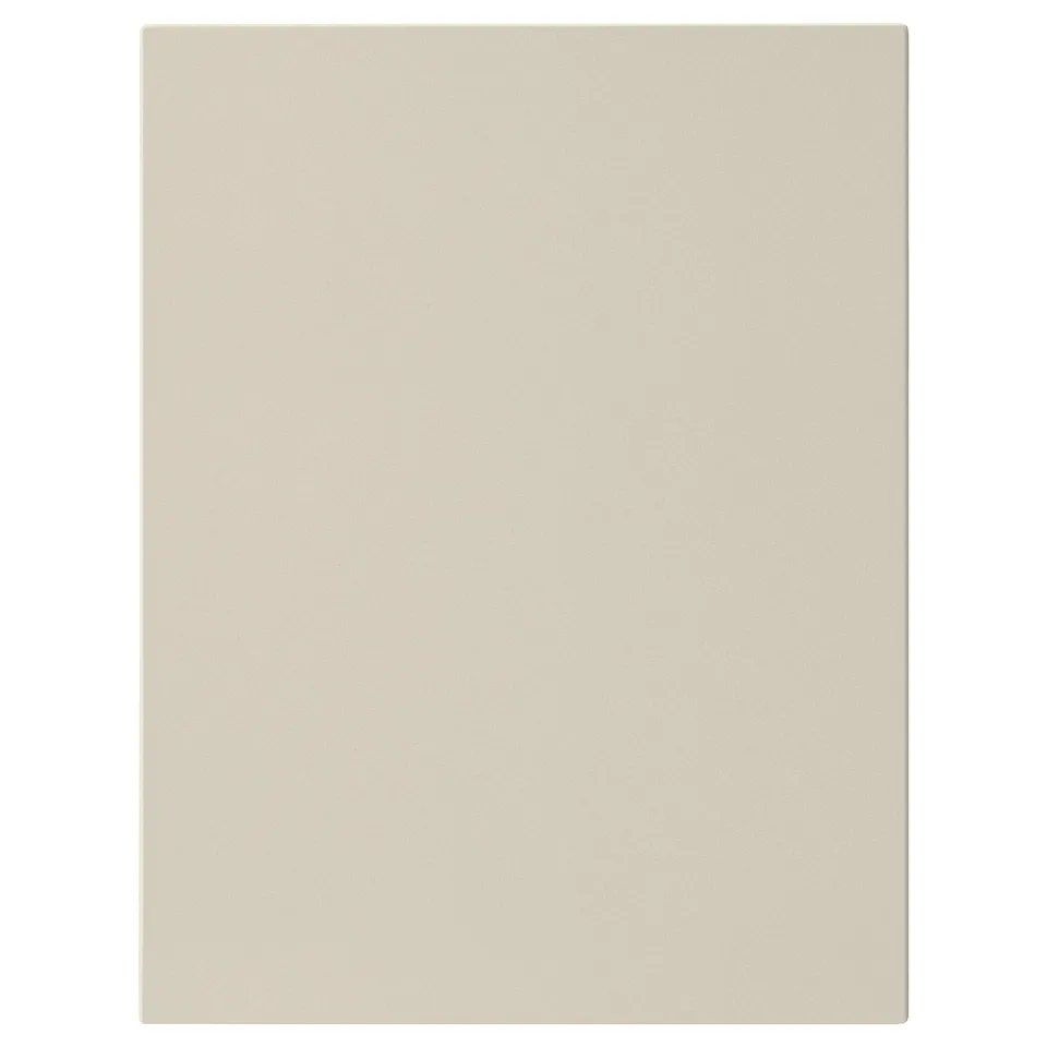 A beige HAVSTORP cabinet door with smooth lines. Square shape, plain design, and acrylic paint finish.