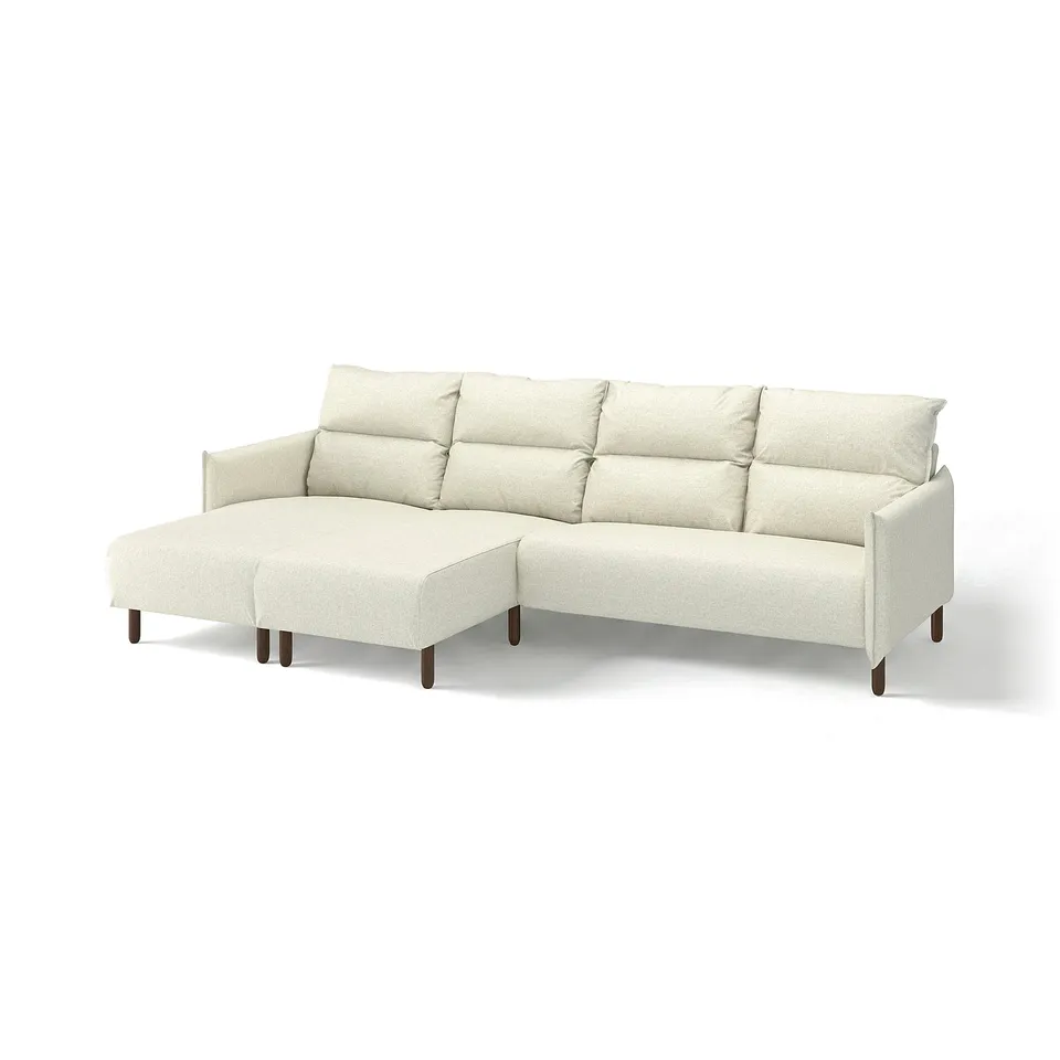 MANNARP white sofa, modern l-shape with high back, wooden legs, cosy cushions.
