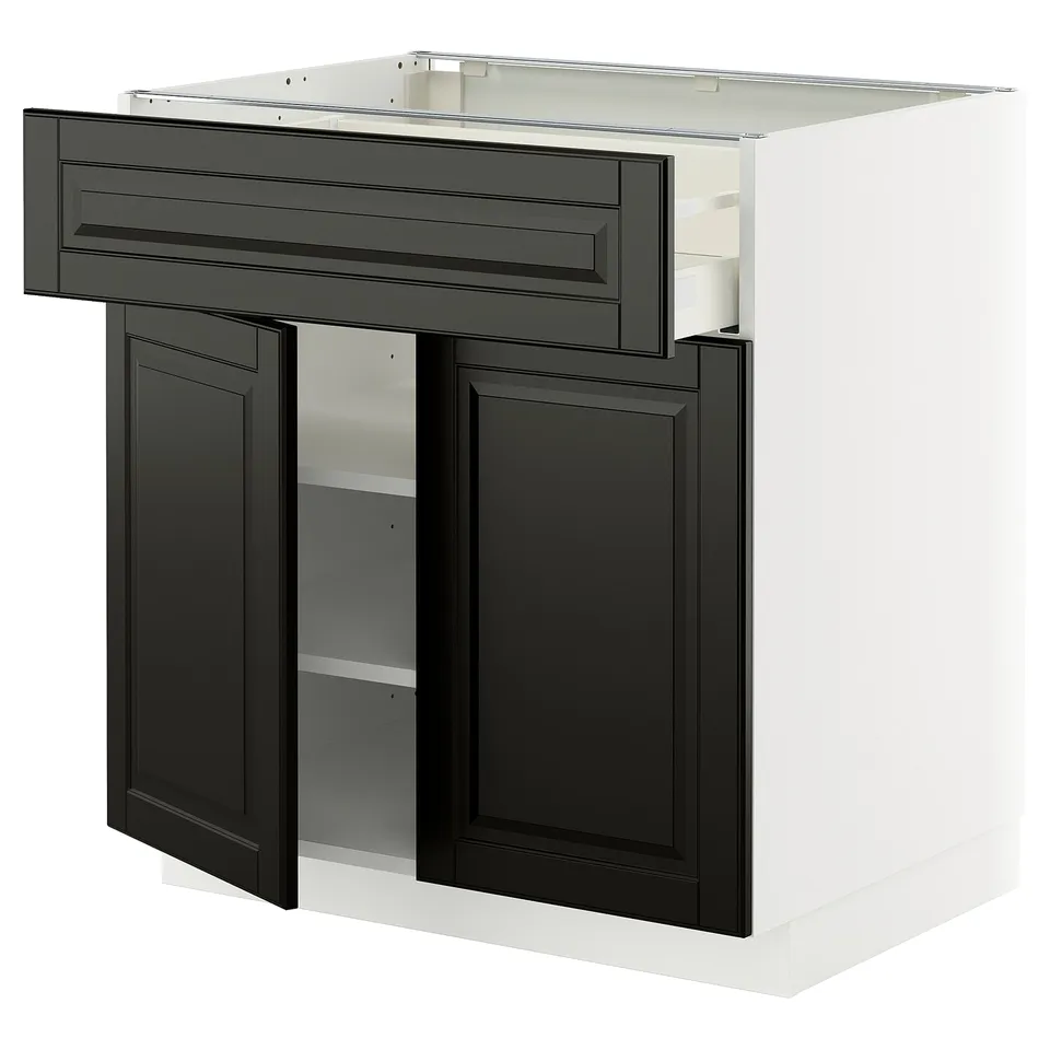 Modern kitchen unit, METOD, black & white, three sections, two doors, one drawer, sleek design.