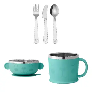 FABLER/KANONKUL set: 3-piece cutlery set + bowl + mug, stainless steel + blue